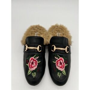 Steve Madden Jill Rose Black Fur Lined Leather Slip on Loafers Sz 6